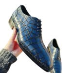 Nilo — Men's Royal Blue Genuine Crocodile Embossed Leather Wholecut Oxford Lace-Up Formal Dress Shoes with Leather Sole - Image 3