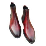 Rosso — Men's Deep Burgundy Red Burnished Patina Genuine Leather Chelsea Slip-On Ankle Boots with Leather Sole