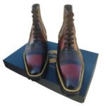 Tricolore — Men's Three-Tone Burgundy Navy & Tan Genuine Leather Cap-Toe Brogue Lace-Up Ankle Boots with Leather Sole