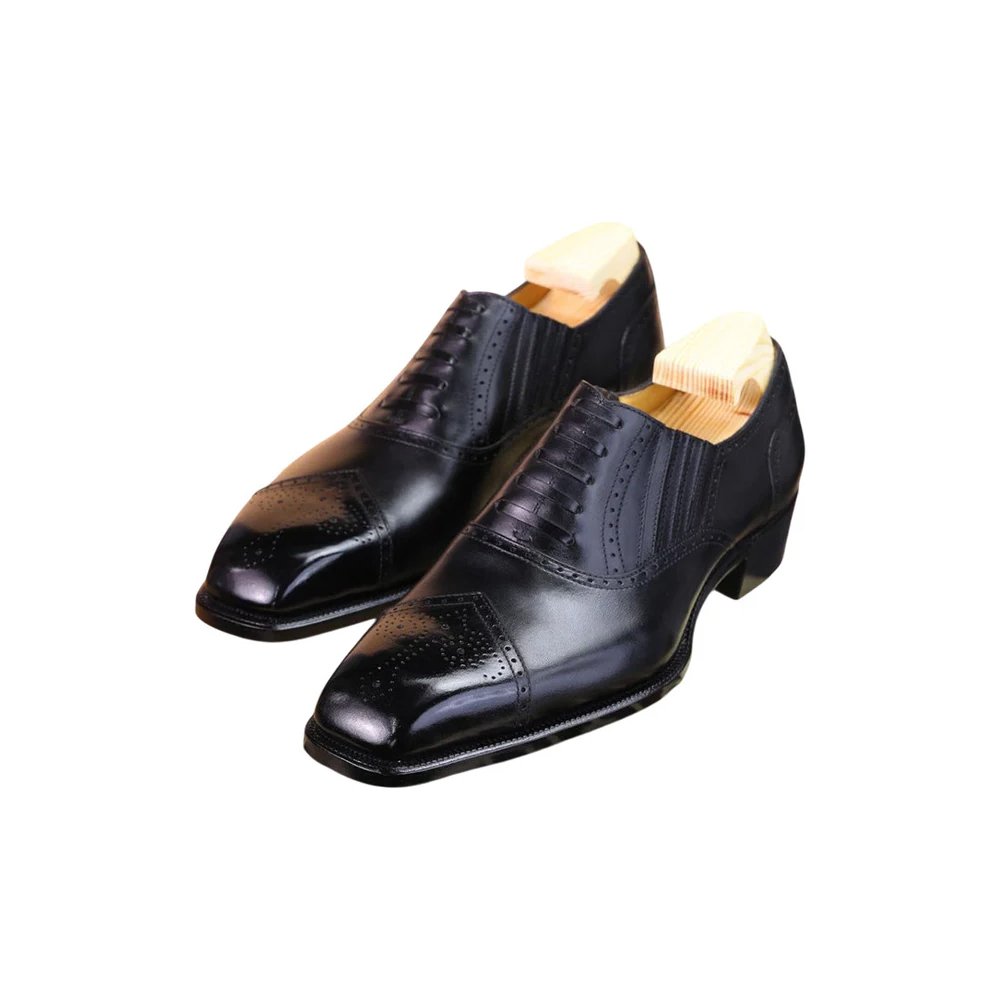 M3 Ottavio — Men's Black Leather Cap-Toe Square-Toe Lace-Up Oxford Dress Shoes with Ostrich Embossed Panel Detail - Image 1