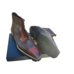 Tricolore — Men's Three-Tone Burgundy Navy & Tan Genuine Leather Cap-Toe Brogue Lace-Up Ankle Boots with Leather Sole - Image 2