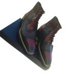 Tricolore — Men's Three-Tone Burgundy Navy & Tan Genuine Leather Cap-Toe Brogue Lace-Up Ankle Boots with Leather Sole - Image 3