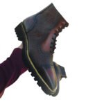 Tricolore — Men's Three-Tone Burgundy Navy & Tan Genuine Leather Cap-Toe Brogue Lace-Up Ankle Boots with Leather Sole - Image 4