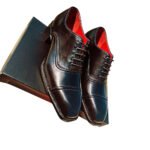 Diavolo — Men's Jet Black Genuine Leather Cap-Toe Oxford Lace-Up Formal Dress Shoes with Red Leather Lining and Leather Sole
