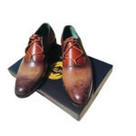 Burnado — Men's Cognac Brown Burnished Antique Genuine Leather Wingtip Brogue Derby Lace-Up Formal Dress Shoes with Leather Sole