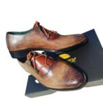 Burnado — Men's Cognac Brown Burnished Antique Genuine Leather Wingtip Brogue Derby Lace-Up Formal Dress Shoes with Leather Sole - Image 2