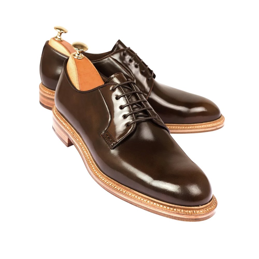 M31 Augusto — Men's Dark Brown High-Shine Cordovan Leather Plain-Toe Lace-Up Derby Shoes with Natural Storm Welt - Image 1