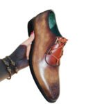 Burnado — Men's Cognac Brown Burnished Antique Genuine Leather Wingtip Brogue Derby Lace-Up Formal Dress Shoes with Leather Sole - Image 4