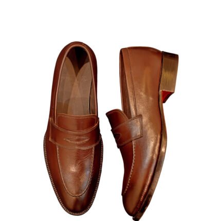 Pennino — Men's Cognac Tan Genuine Leather Penny Loafer Slip-On Smart Casual Dress Shoes with Red Leather Lining and Leather Sole