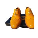 Ambra — Men's Mustard Yellow Genuine Leather Wingtip Full Brogue Oxford Lace-Up Smart Casual Dress Shoes with Leather Sole