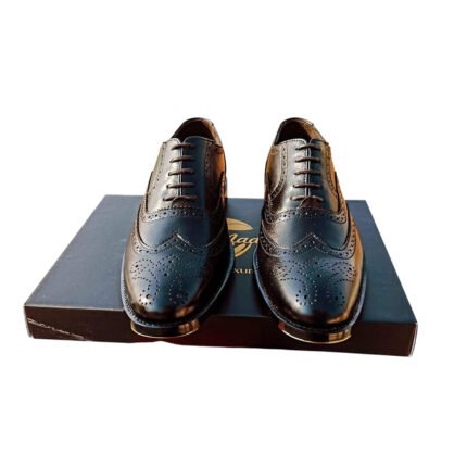 Notturno — Men's Jet Black Genuine Leather Wingtip Full Brogue Oxford Lace-Up Formal Dress Shoes with Leather Sole
