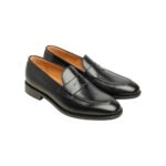 Leonardo — Men's Black High-Shine Leather Penny Slip-On Loafer Shoes with Leather Stacked Heel