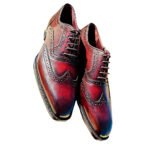 Rubino — Men's Deep Burgundy Red Burnished Patina Genuine Leather Wingtip Full Brogue Oxford Lace-Up Formal Dress Shoes with Leather Sole