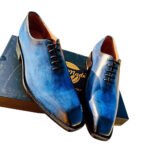 Oceano — Men's Sky Blue Burnished Patina Genuine Leather Wholecut Oxford Lace-Up Formal Dress Shoes with Leather Sole