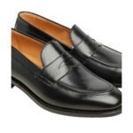 Leonardo — Men's Black High-Shine Leather Penny Slip-On Loafer Shoes with Leather Stacked Heel - Image 2
