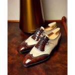 Duettavio — Men's Two-Tone Warm Brown & Cream Genuine Leather Full Brogue Wingtip Lace-Up Oxford Smart
