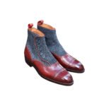 Edoardo — Men's Burgundy Leather & Grey Tweed Button-Up Cap-Toe Brogue Dress Ankle Boots