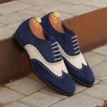 Biancavio — Men's Two-Tone Navy Blue & Ivory White Genuine Suede Full Brogue Wingtip Lace-Up Oxford Smart