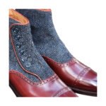 Edoardo — Men's Burgundy Leather & Grey Tweed Button-Up Cap-Toe Brogue Dress Ankle Boots - Image 2