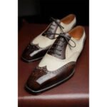 Spettavio — Men's Two-Tone Ivory Cream & Dark Chocolate Genuine Leather Full Brogue Wingtip Lace-Up Oxford Smart