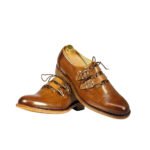 Bernardo — Men's Tan Cognac Leather Double Monk Strap Lace-Up Hybrid Oxford Dress Shoes with Natural Crepe Sole