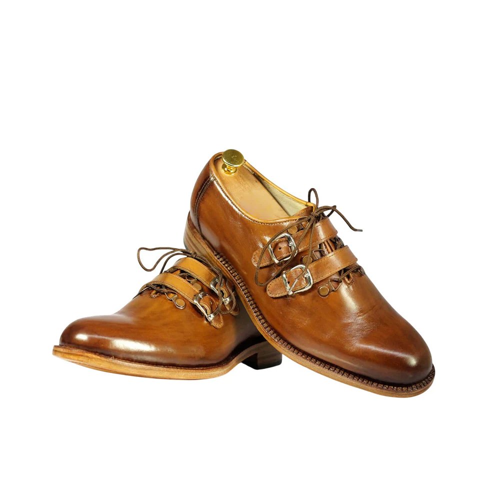M41 Bernardo — Men's Tan Cognac Leather Double Monk Strap Lace-Up Hybrid Oxford Dress Shoes with Natural Crepe Sole - Image 1