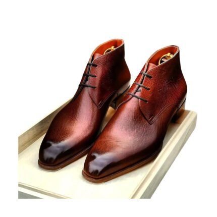 Valentino — Men's Cognac Burgundy Hand-Patina Leather Square-Toe Lace-Up Chukka Dress Boots