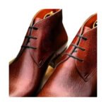 Valentino — Men's Cognac Burgundy Hand-Patina Leather Square-Toe Lace-Up Chukka Dress Boots - Image 2