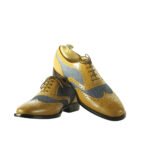 Federico — Men's Mustard Yellow Leather & Grey Suede Two-Tone Wingtip Full-Brogue Lace-Up Oxford Dress Shoes