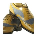 Federico — Men's Mustard Yellow Leather & Grey Suede Two-Tone Wingtip Full-Brogue Lace-Up Oxford Dress Shoes - Image 2