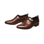Marcello — Men's Brown Leather Pleated Strap Metal Buckle Pointed-Toe Slip-On Formal Dress Shoes