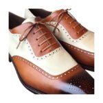 Fabrizio — Men's Tan Cognac Leather & Cream Two-Tone Wingtip Full-Brogue Lace-Up Oxford Dress Shoes with Hand Patina Finish - Image 2