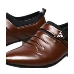 Marcello — Men's Brown Leather Pleated Strap Metal Buckle Pointed-Toe Slip-On Formal Dress Shoes - Image 2