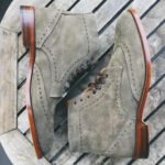 Greyvano — Men's Olive Grey Genuine Suede Wingtip Brogue Lace-Up Ankle Boot Smart