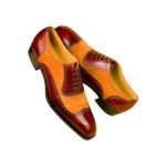 Enzo — Men's Burgundy Leather & Orange Suede Two-Tone Wingtip Brogue Lace-Up Oxford Dress Shoes