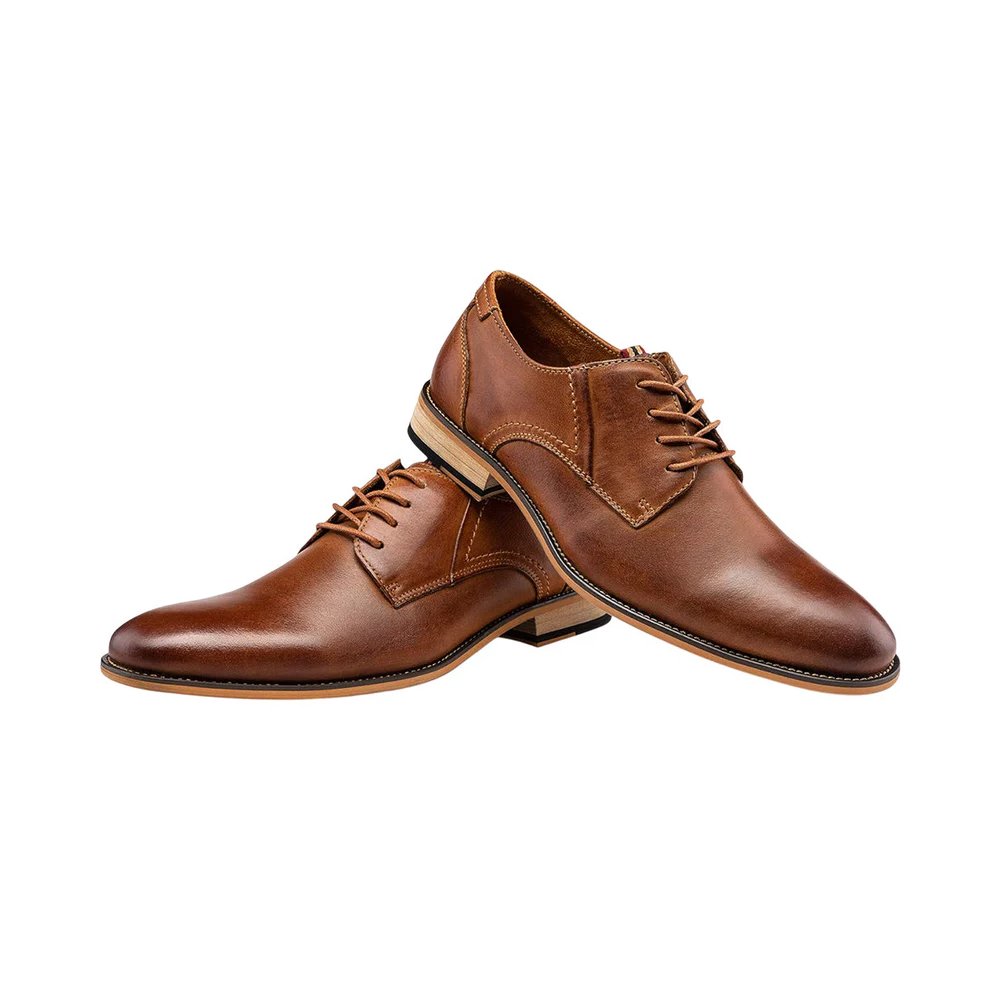 M53 Alessandro — Men's Tan Cognac Leather Plain-Toe Lace-Up Derby Casual Dress Shoes with Leather Sole - Image 1