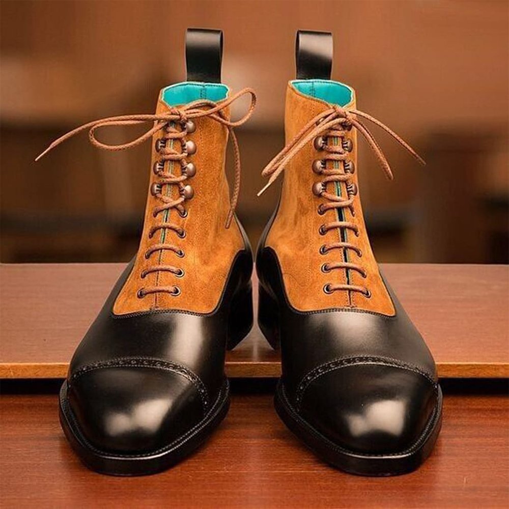 M54 Bivalto — Men's Two-Tone Tan Suede & Black Leather Cap-Toe Lace-Up Ankle Boot Smart - Image 1