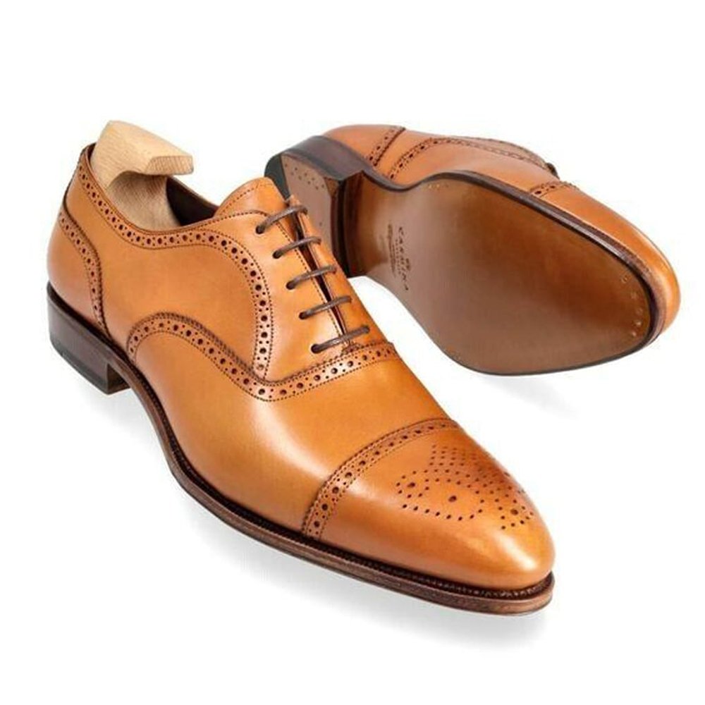 M55 Florentio — Men's Warm Tan Genuine Leather Cap-Toe Brogue Lace-Up Oxford Smart - Image 1