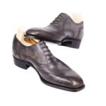 Gregorio — Men's Grey Hand-Patina Leather Wingtip Full-Brogue Square-Toe Lace-Up Oxford Dress Shoes with Leather Sole