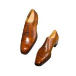 Cristiano — Men's Tan Cognac Leather Cap-Toe Quarter Brogue Square-Toe Lace-Up Oxford Dress Shoes with Croc Emboss Detail