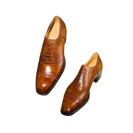 Cristiano — Men's Tan Cognac Leather Cap-Toe Quarter Brogue Square-Toe Lace-Up Oxford Dress Shoes with Croc Emboss Detail