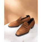 Sienna — Men's Warm Tan Brown Genuine Suede Penny Loafer Slip-On Smart Casual Dress Shoes with Leather Sole - Image 2