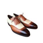 Fabrizio — Men's Tan Cognac Leather & Cream Two-Tone Wingtip Full-Brogue Lace-Up Oxford Dress Shoes with Hand Patina Finish