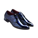 Adriano — Men's Navy Blue Patent Leather Pointed-Toe Floral Brogue Lace-Up Oxford Party Dress Shoes with Burgundy Lining
