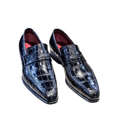 Nettuno — Men's Navy Blue Crocodile Embossed Patent Leather Slip-On Penny Loafer Luxury Dress Shoes with Red Lining