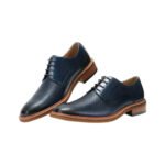 Corrado — Men's Navy Blue Perforated Leather Plain-Toe Lace-Up Derby Casual Dress Shoes with Tan Leather Sole