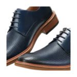 Corrado — Men's Navy Blue Perforated Leather Plain-Toe Lace-Up Derby Casual Dress Shoes with Tan Leather Sole - Image 2