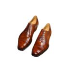 Cesareo — Men's Tan Cognac Hand-Burnished Leather Cap-Toe Square-Toe Lace-Up Oxford Dress Shoes with Patina Finish