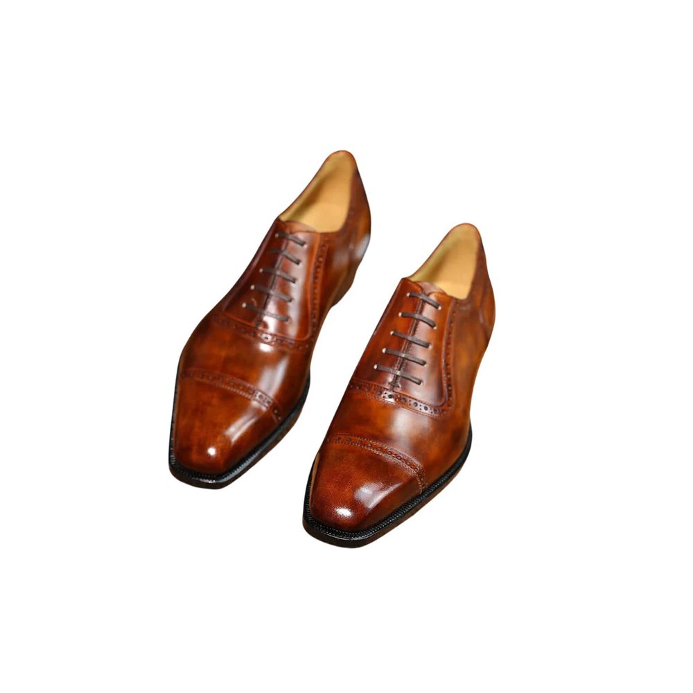 M69 Cesareo — Men's Tan Cognac Hand-Burnished Leather Cap-Toe Square-Toe Lace-Up Oxford Dress Shoes with Patina Finish - Image 1