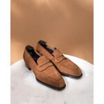 Sienna — Men's Warm Tan Brown Genuine Suede Penny Loafer Slip-On Smart Casual Dress Shoes with Leather Sole
